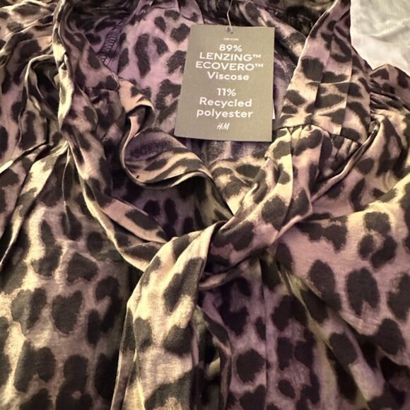 H&M Leopard Print Beige Blouse Balloon Raglan Sleeves Bow Tie Oversized, size M - Picture 4 of 8